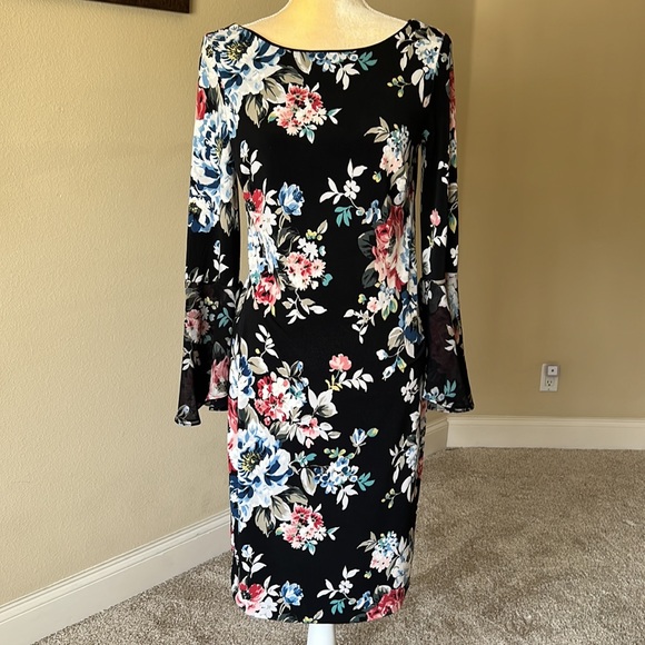 White House/Black Market floral bell-sleeves dress, sz M - Picture 3 of 5